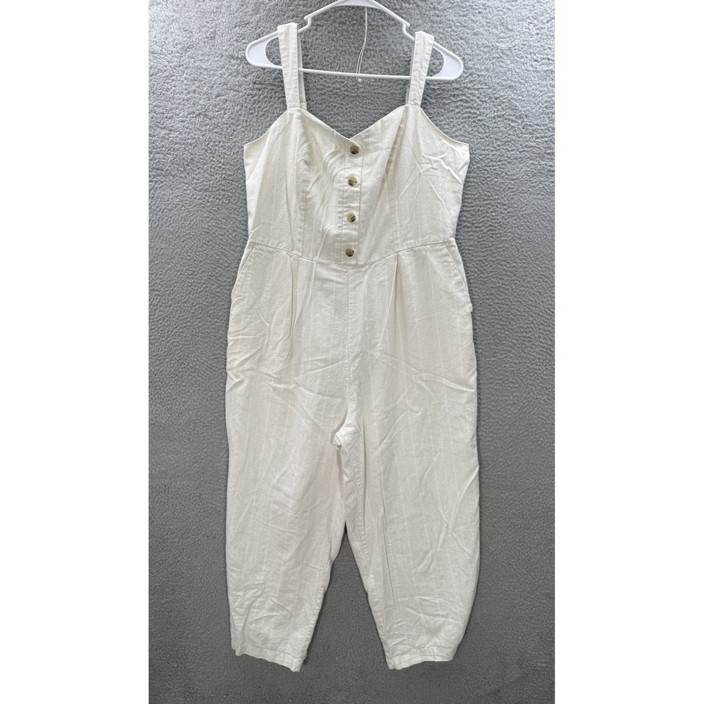 Old Navy Jumpsuit Womens XL Tan White Striped Linen Blend Cami Beach Coastal